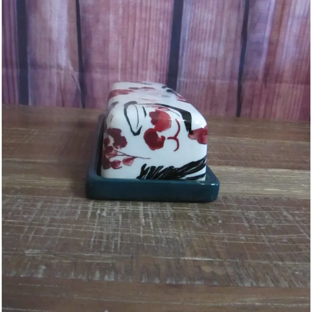 Anthropologie Christmas Holly & Pear Butter Dish Retired Holiday Stoneware